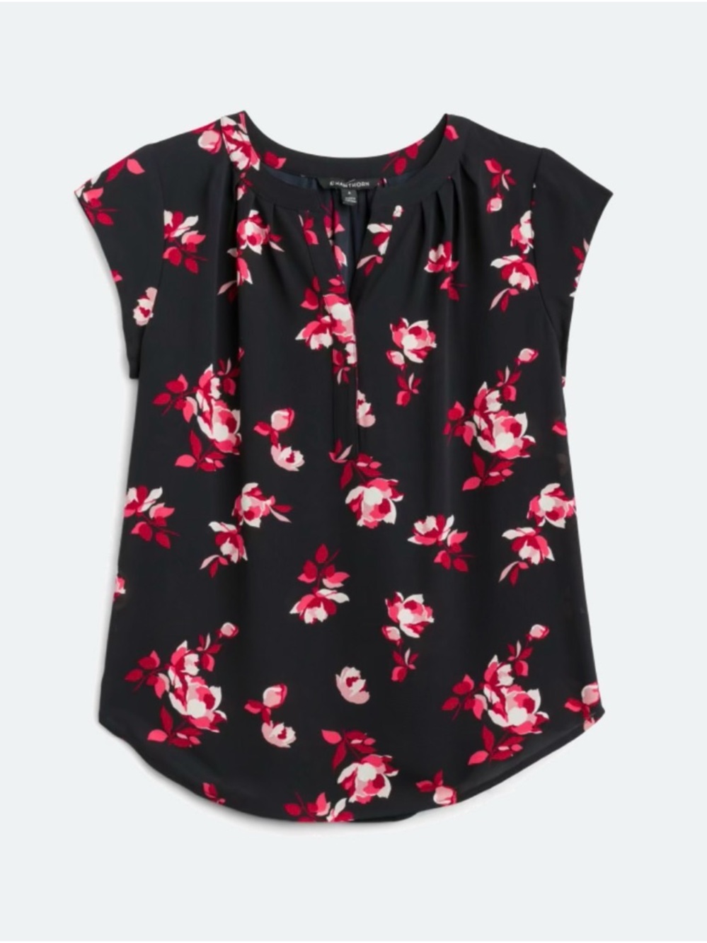 41 Hawthorn Black Cap-Sleeve Blouse with Pink Floral Print